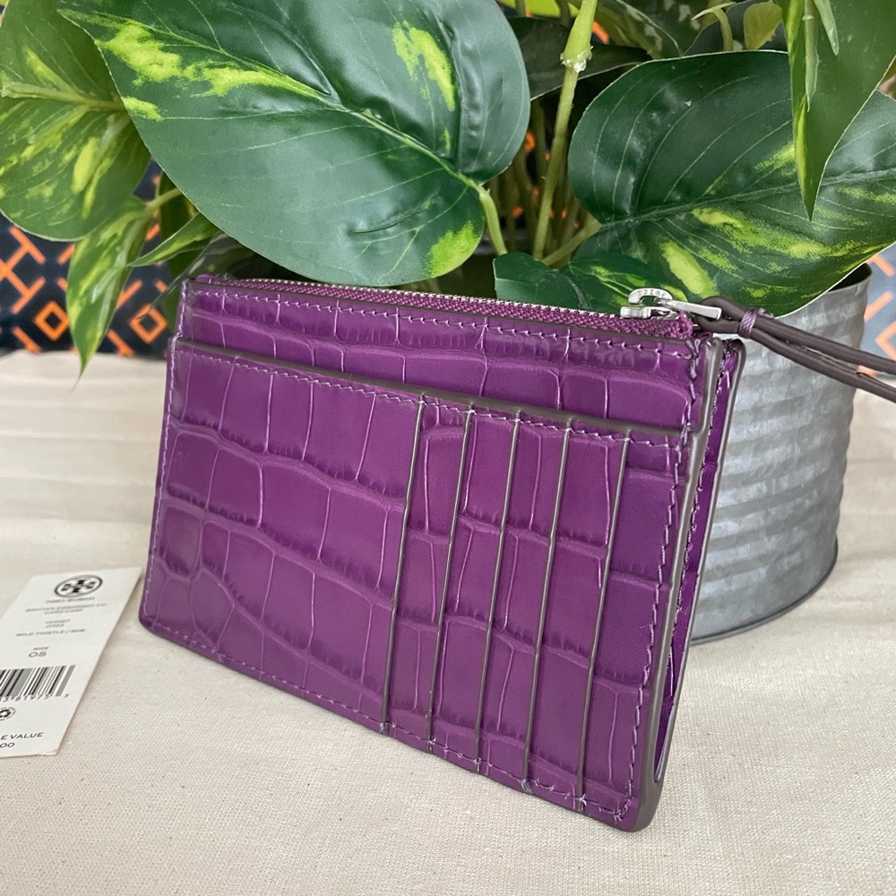 New✨ tory burch britten embossed zip card case wild thistle - Picture 11 of 12